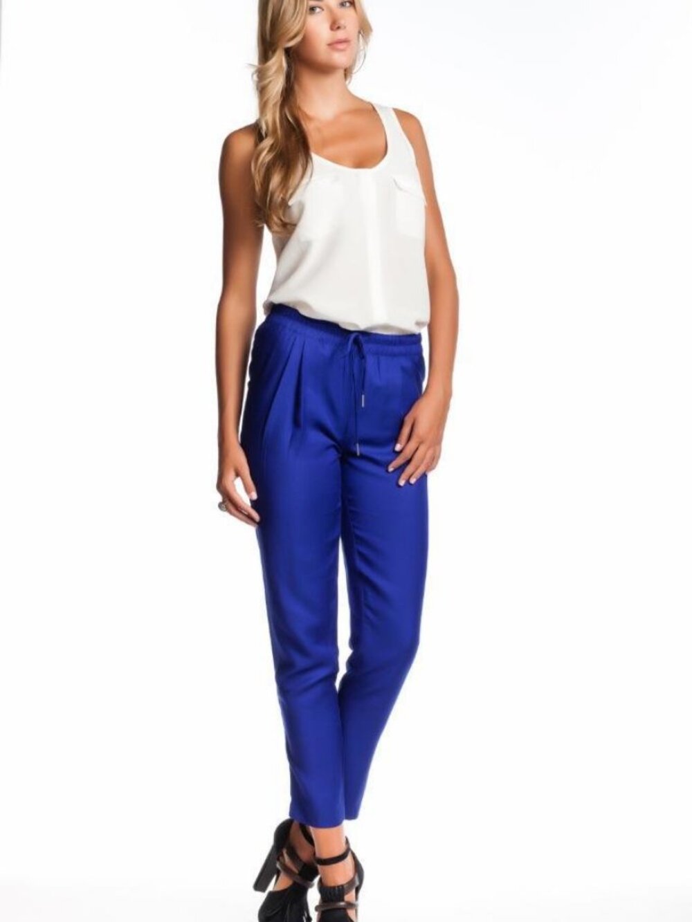 Joie Sayla Pant China Blue Silk-Blend Pleated Crepe Elastic Drawstring NWT